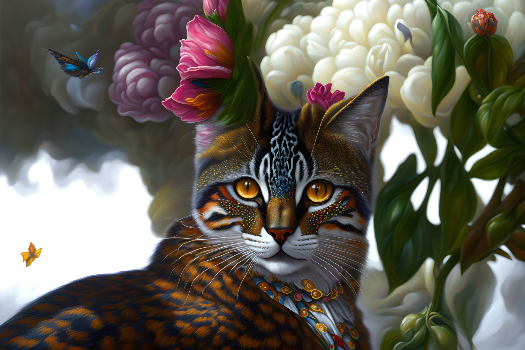 Detailed fantastical feline with floral and butterfly motifs in a floral setting