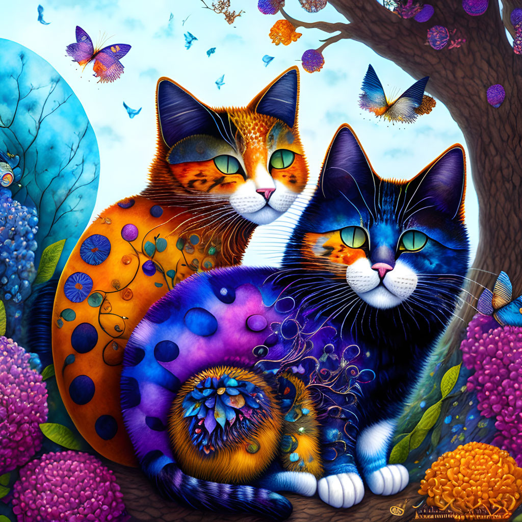 Colorful Cats and Butterflies in Whimsical Floral Scene