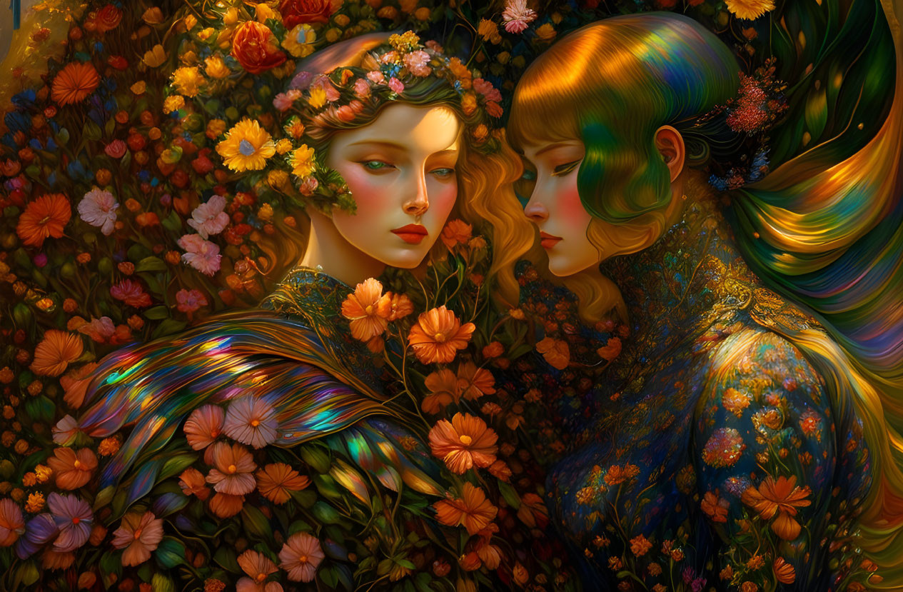 Ethereal women with floral headpieces in vibrant flower tapestry