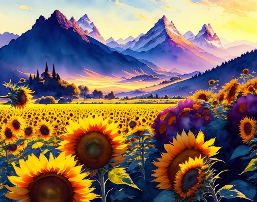 Vibrant sunflower field with glowing mountains at sunrise or sunset