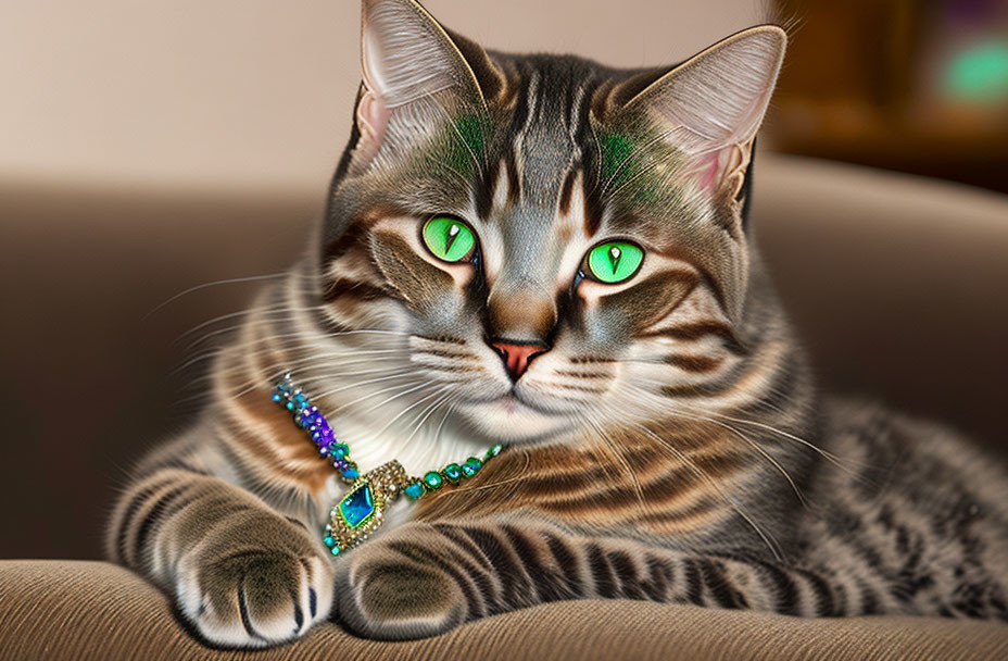 Tabby Cat with Green Eyes and Beaded Necklace on Soft Surface