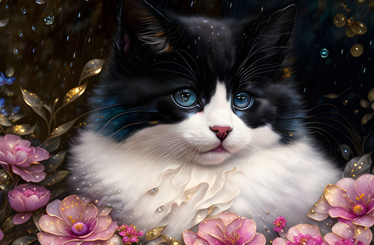 Black and white cat with blue eyes in pink flowers and golden leaves on dark background.