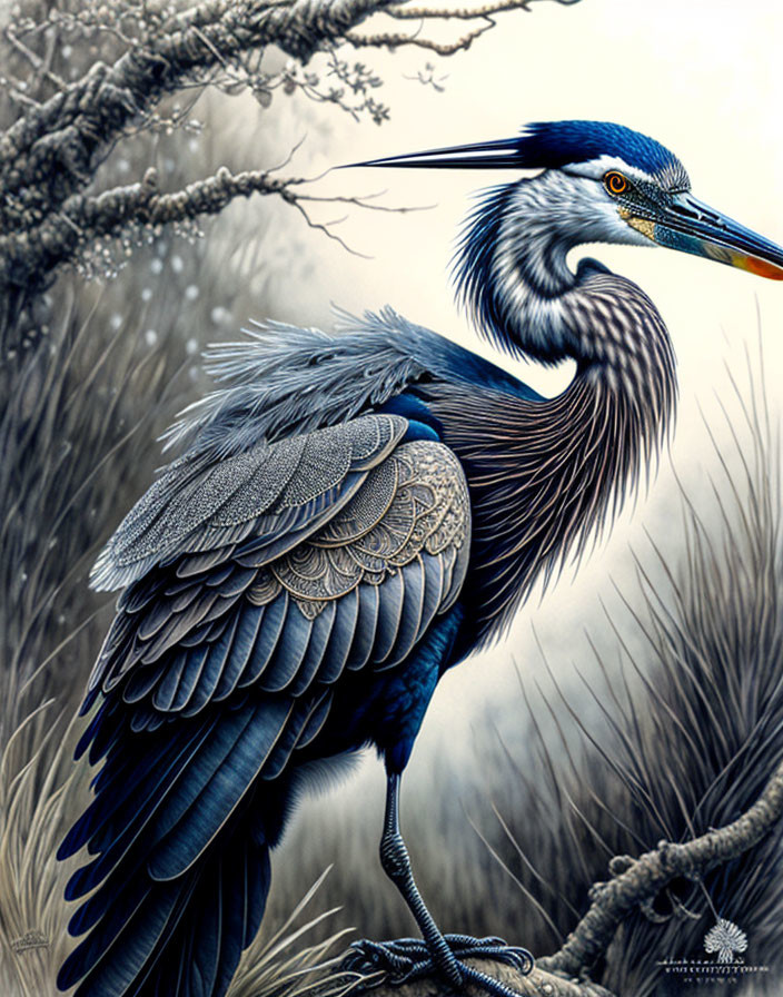 Detailed illustration: Great Blue Heron in reeds with intricate feathers.