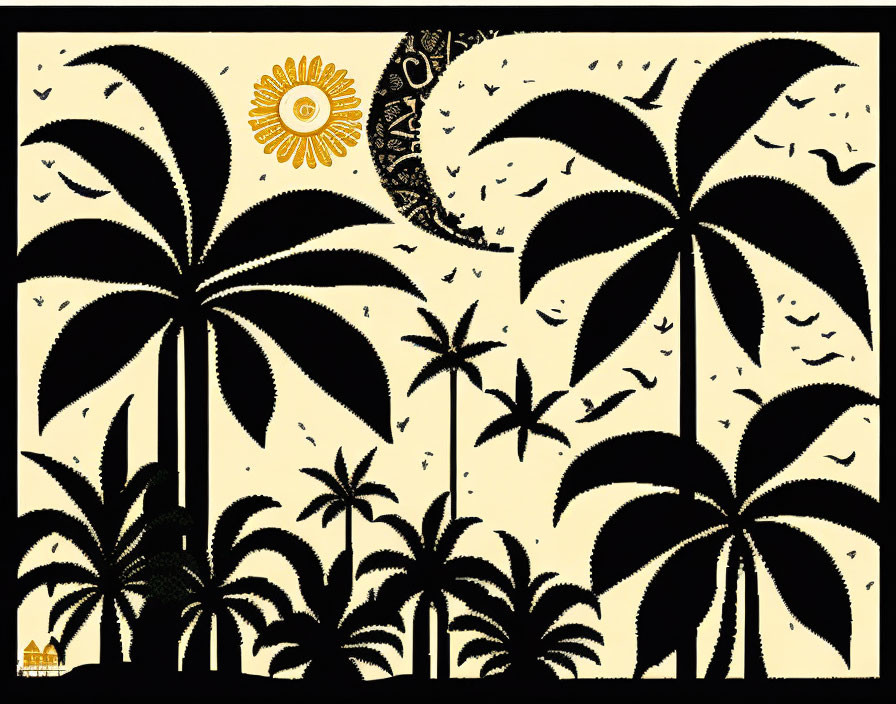 Palm trees silhouette on beige background with sun, birds, and crescent moon patterns