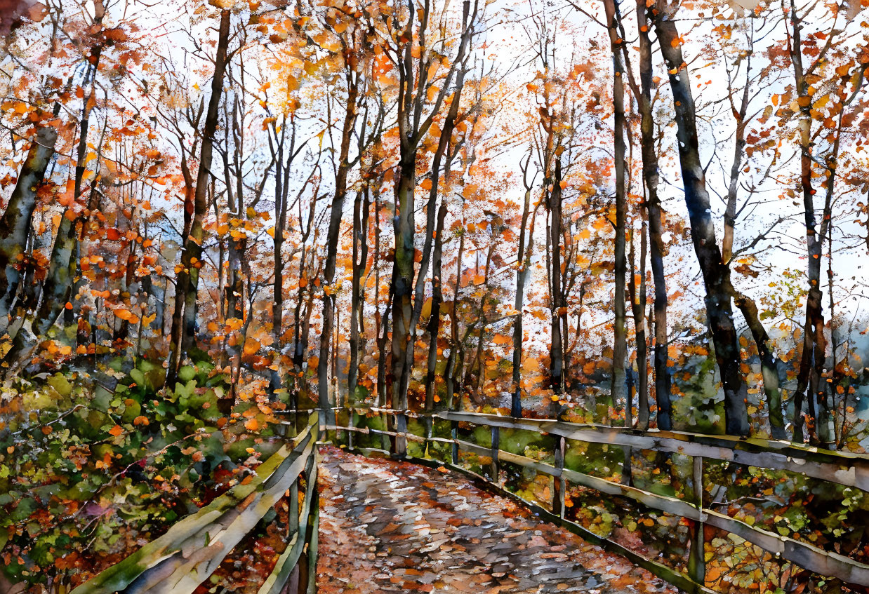 Autumnal forest painting with cobblestone path and wooden fence