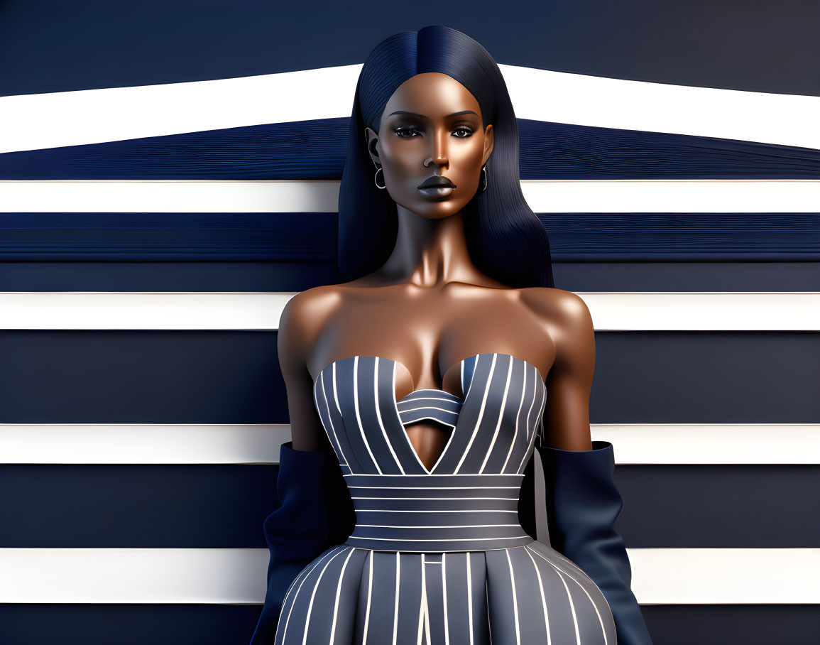 Digital artwork of woman in striped dress on blue and white background