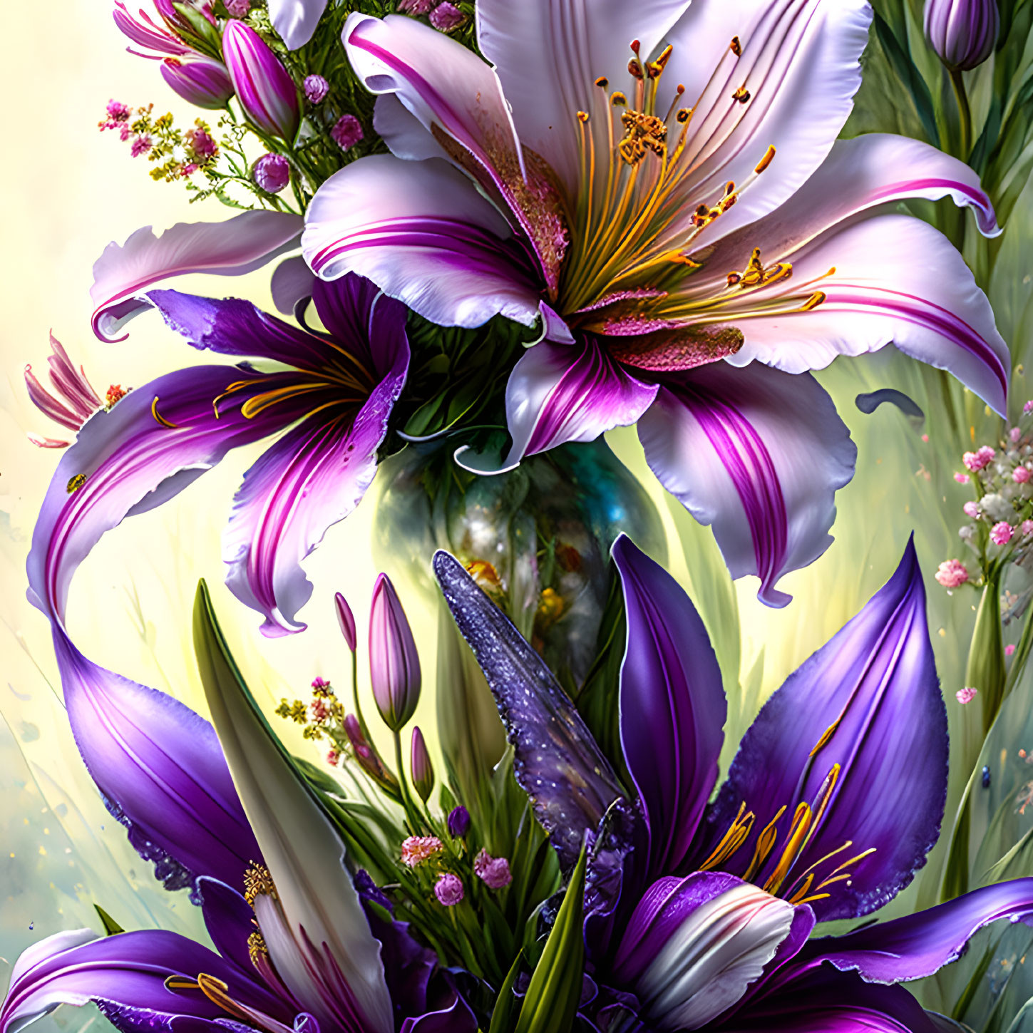 Detailed digital illustration of purple and white lilies and pink flowers in lush greenery