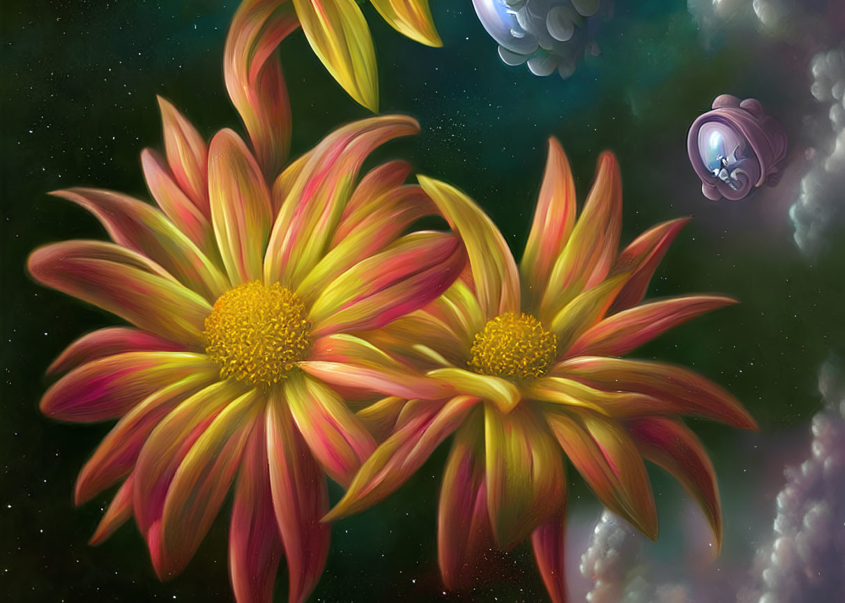 Colorful digital artwork: Large yellow and red flowers in space with floating orbs