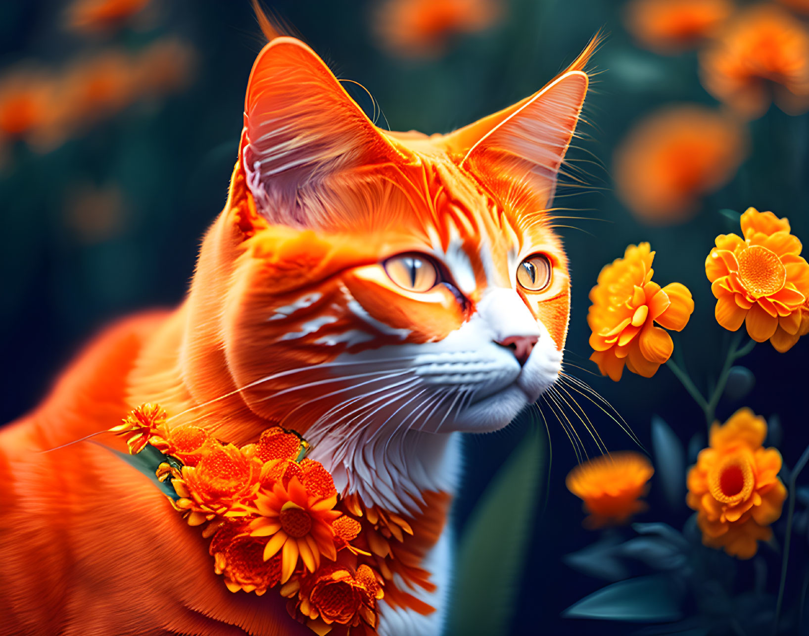 Orange Cat with White Patterns and Amber Eyes Surrounded by Orange Flowers