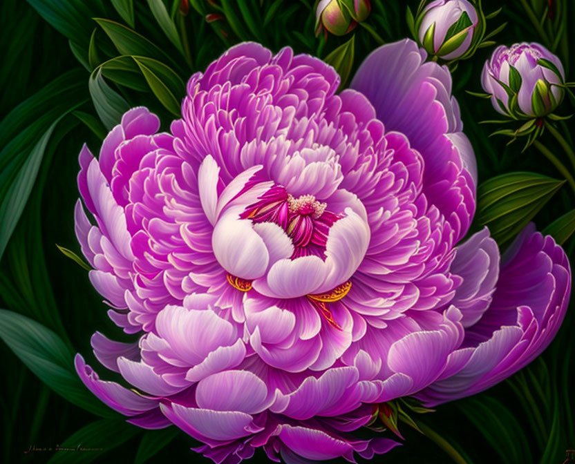 Detailed digital artwork featuring lush purple peony flower on green foliage