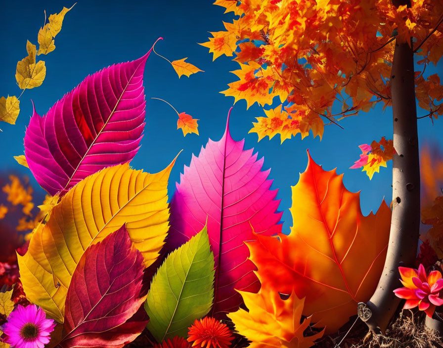 Colorful autumn foliage against blue sky with tree trunk and flowers.