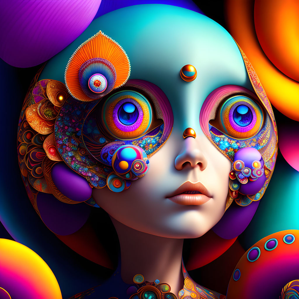 Vibrant humanoid face with peacock feather patterns