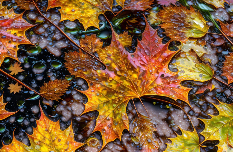 Vibrant Autumn Leaves in Water with Red, Yellow, and Brown Hues