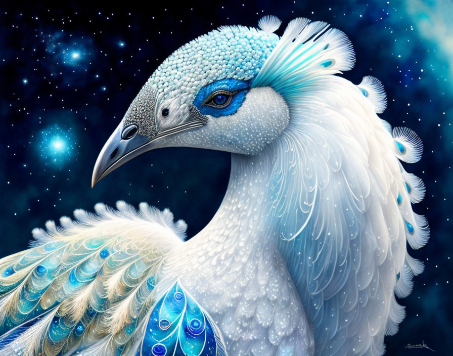 White peacock with blue accents under starry night sky