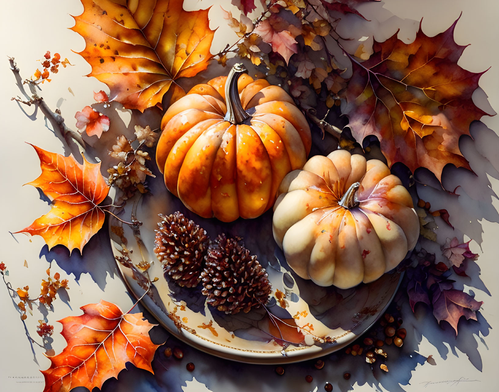 Autumn-themed plate with pumpkins, leaves, pine cones, and berries