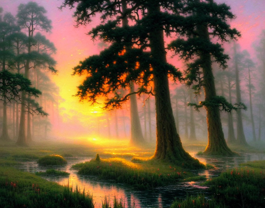 Tranquil Sunrise Forest Scene with Vibrant Colors