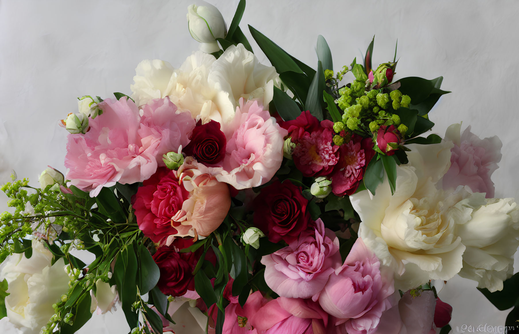 Colorful Roses and Peonies Bouquet on White Background