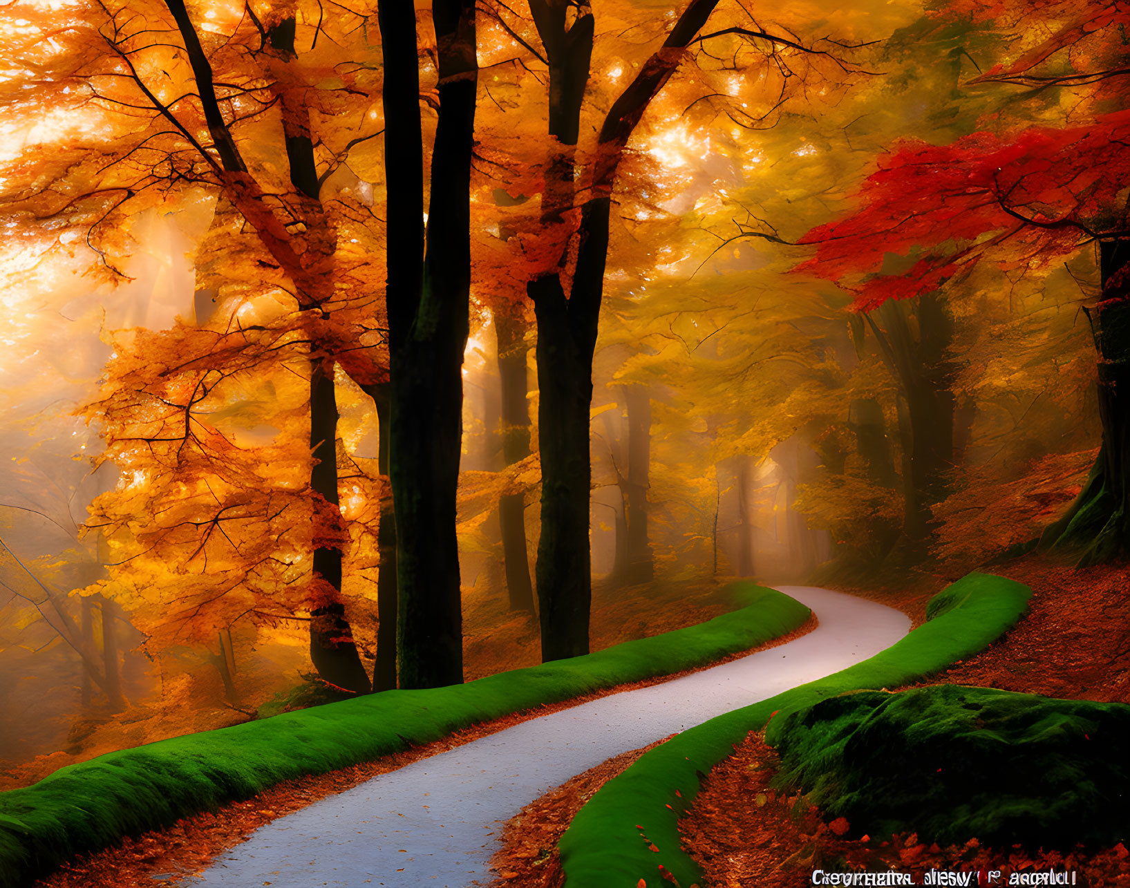 Misty Autumn Forest Path with Vibrant Colors