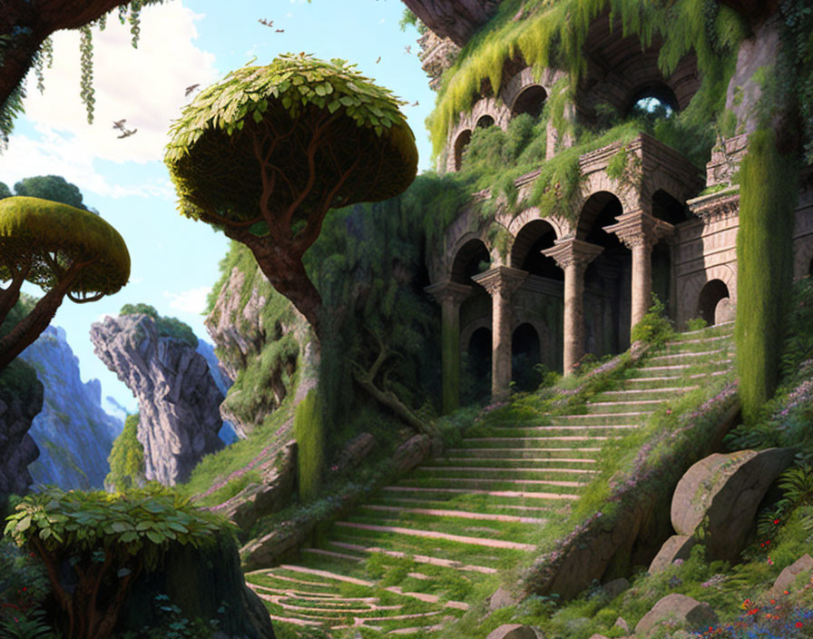 Ancient forest with stone stairs, vine-covered ruin, and unique flat-topped trees