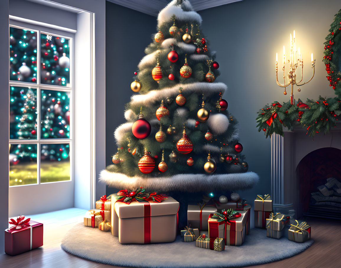 Festive Christmas tree with presents, fireplace, and snowy view