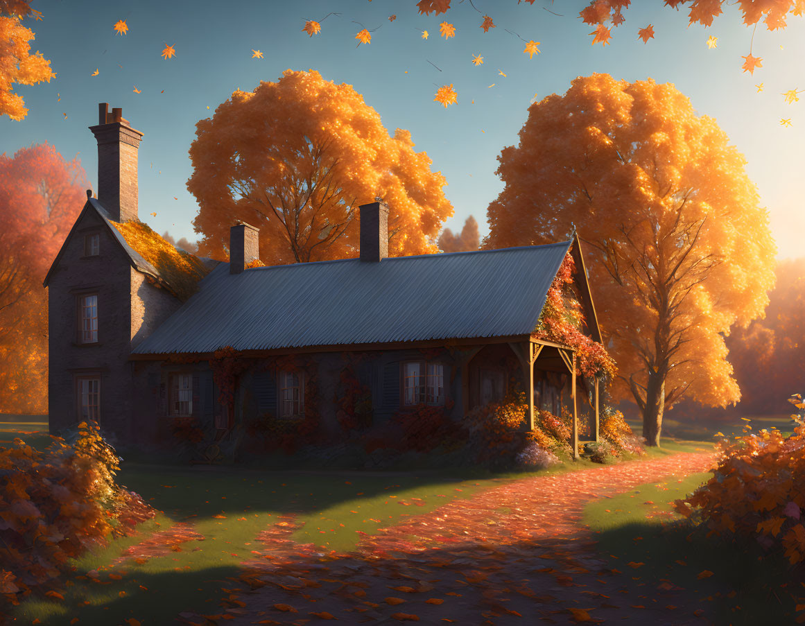 Cozy house with red roof in autumn setting at sunset