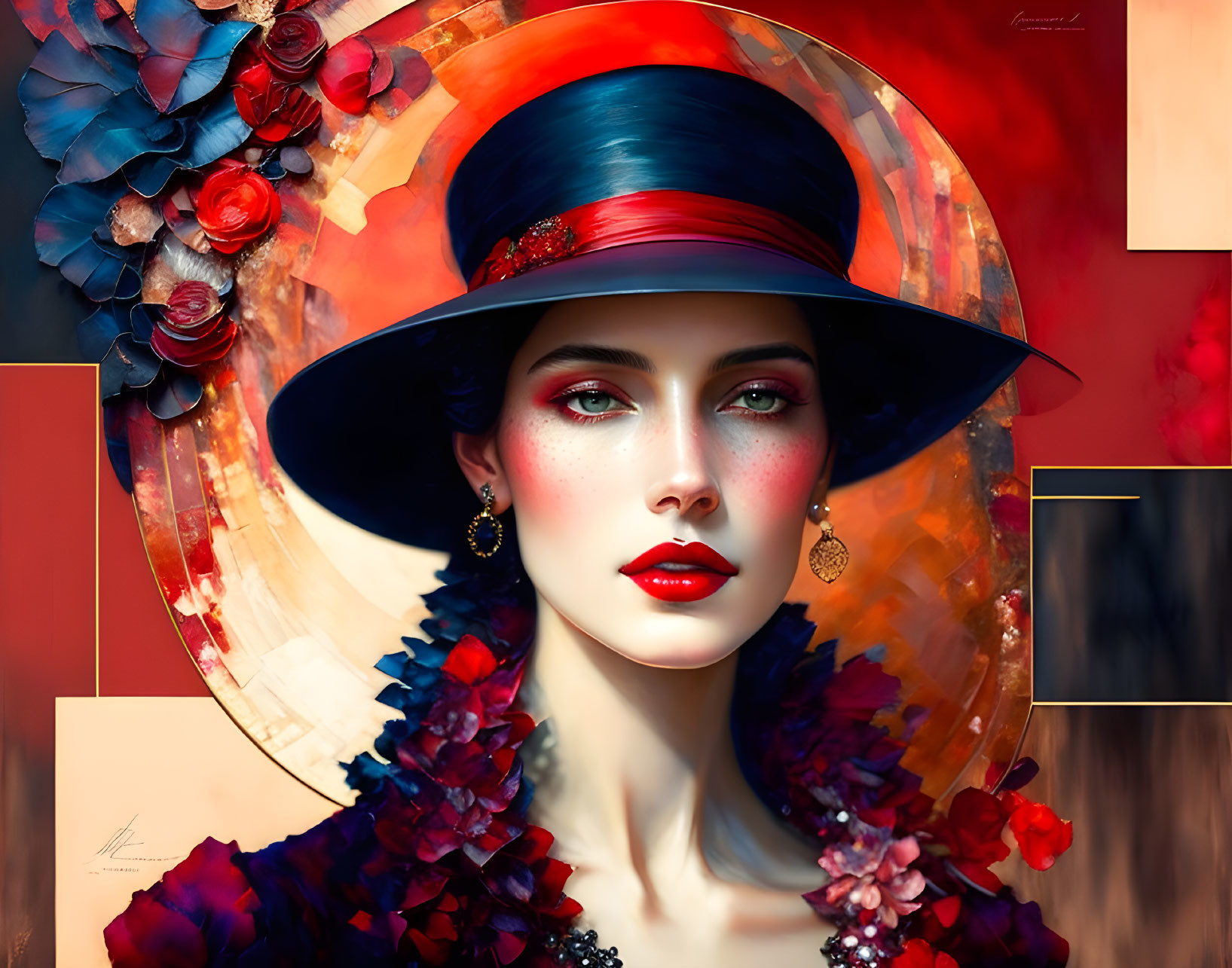 Stylized portrait of woman in wide-brimmed hat with flowers on red background