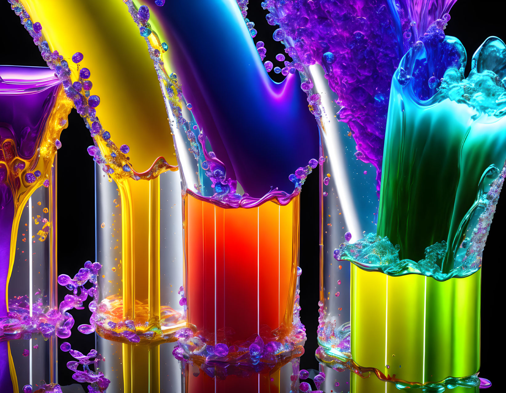 Colorful liquid splashes against black background in vibrant display