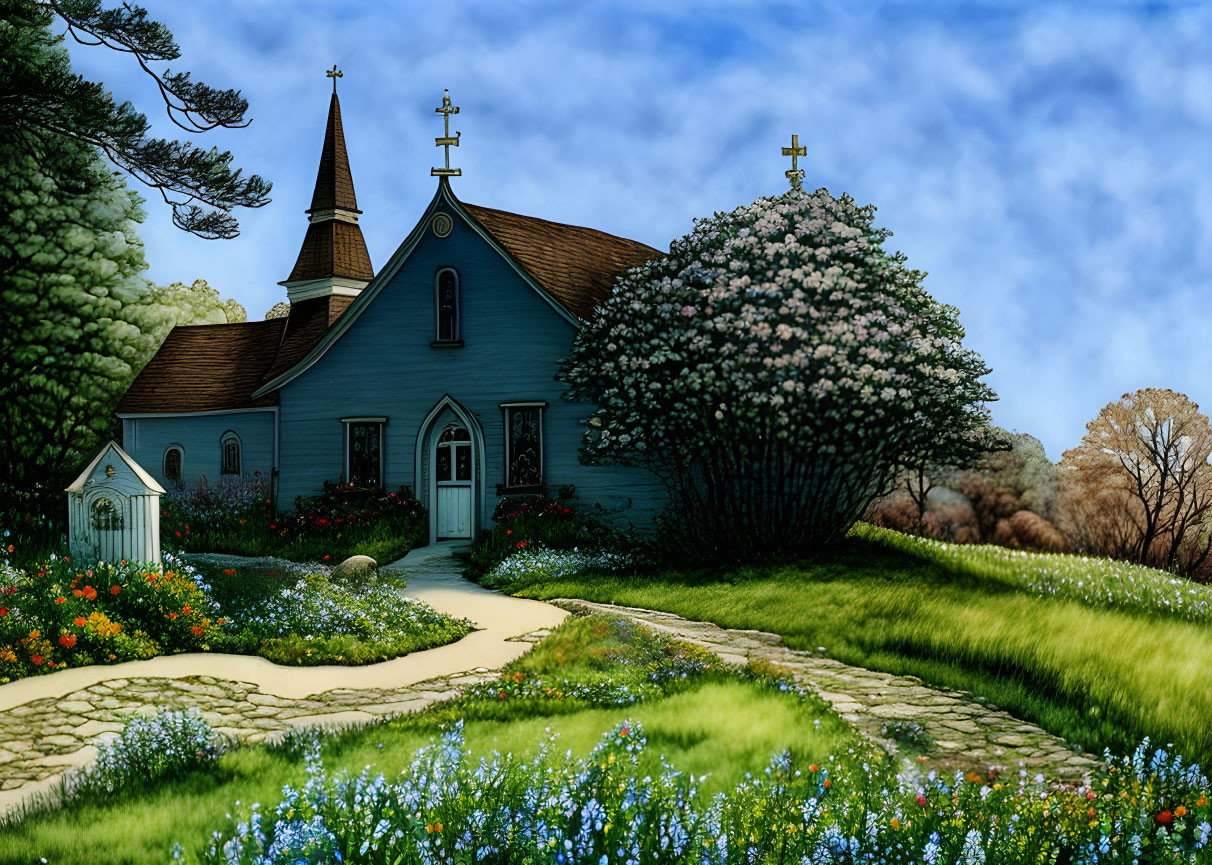 Quaint church with spired towers in lush garden setting