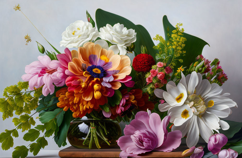 Colorful Flower Bouquet with Dahlias and Tulips in Glass Vase on Wooden Surface