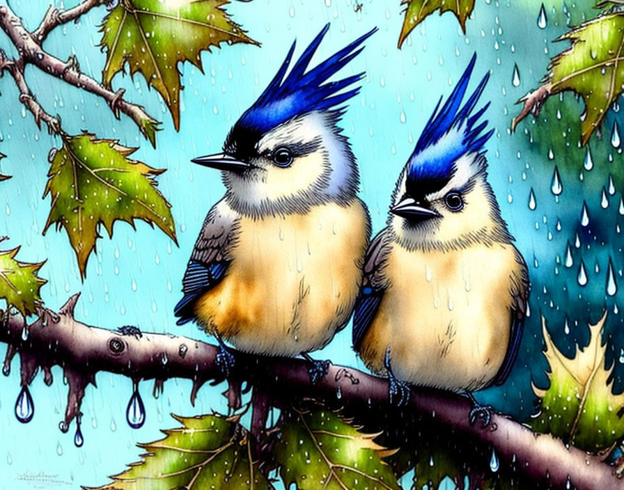 Illustrated blue jays on branch with raindrops and green leaves