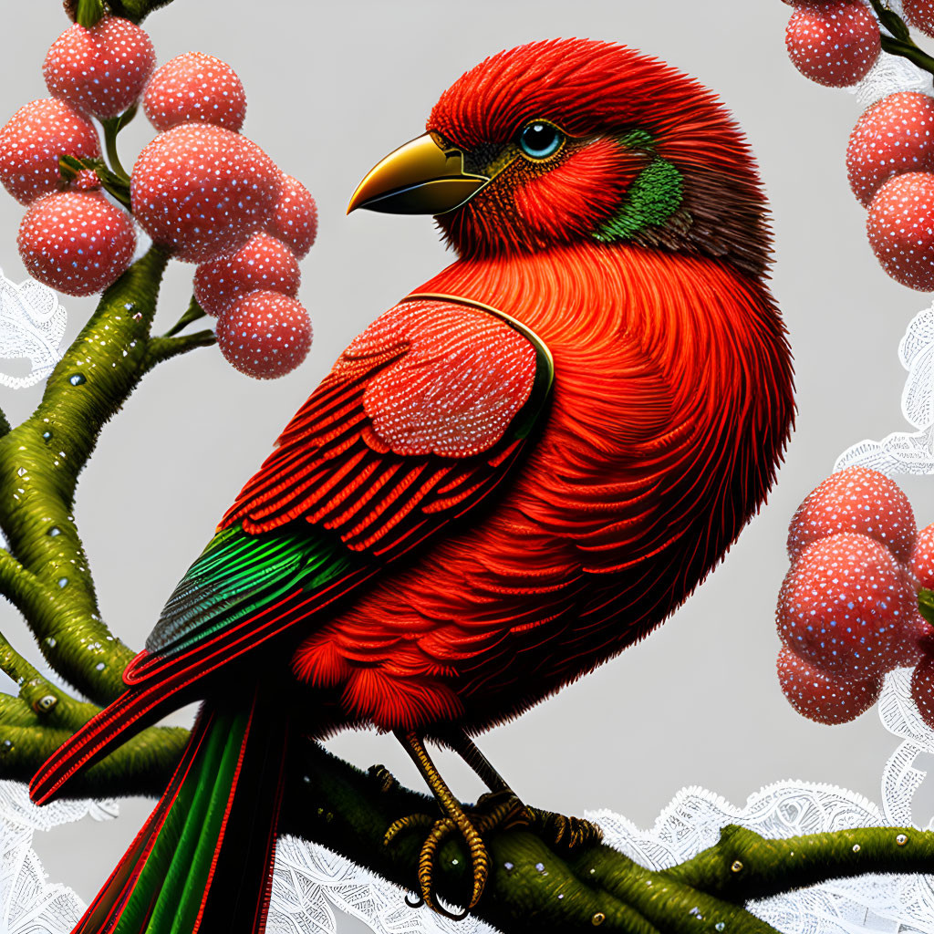 Vibrant red bird with green accents perched on branch among red berries