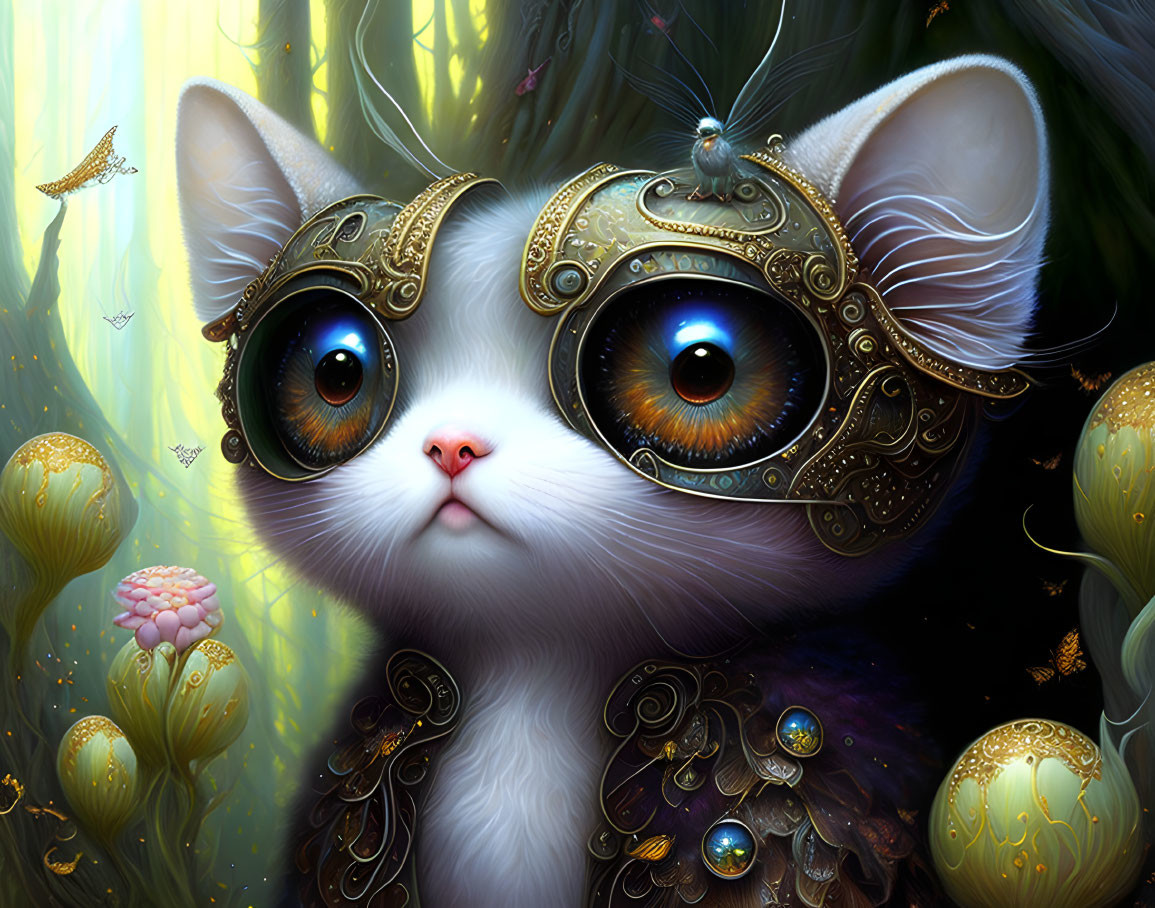 Whimsical cat illustration with expressive eyes in golden armor in enchanted forest