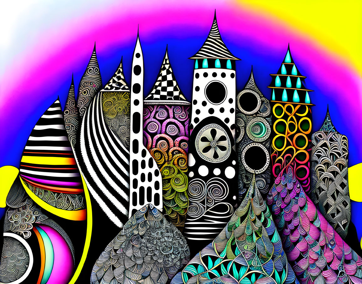 Vibrant digital artwork: Abstract, whimsical landscape with patterned hills