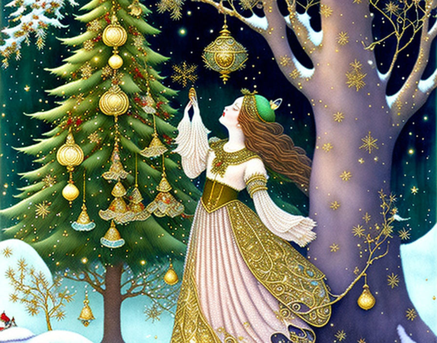 Medieval woman decorates pine tree with golden ornaments in snowy landscape