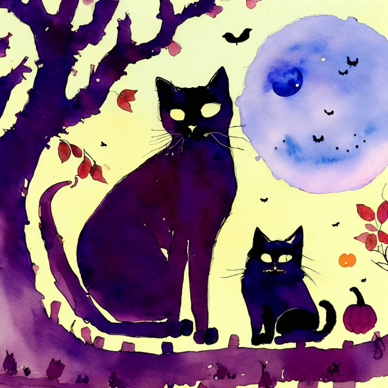 Two black cats under purple tree with autumn leaves and blue moon.