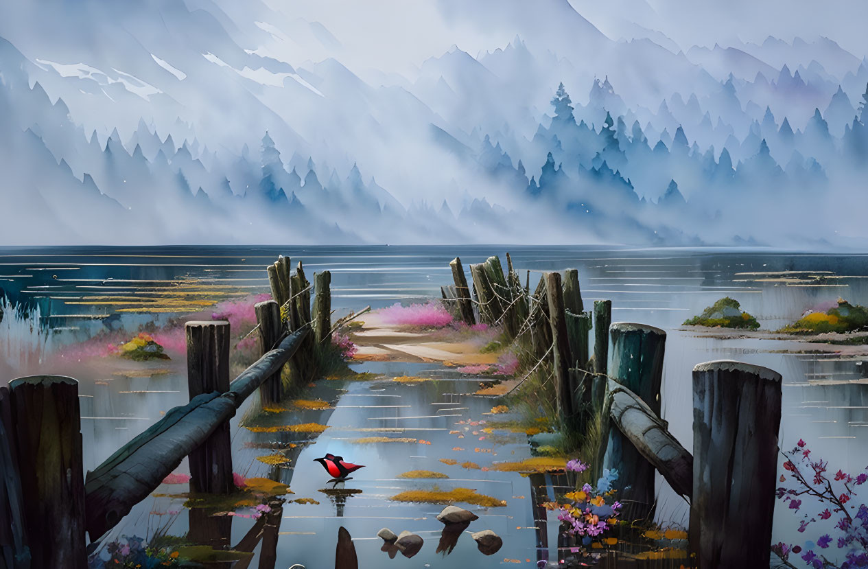 Tranquil lake painting with wooden jetty, mountain backdrop, colorful flora, and red bird