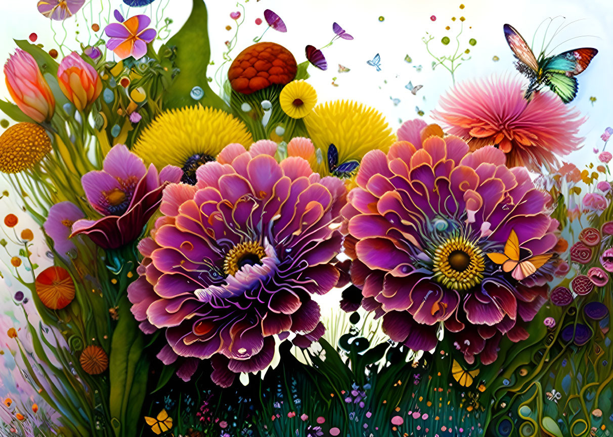 Colorful Flowers and Butterflies on Bright Background