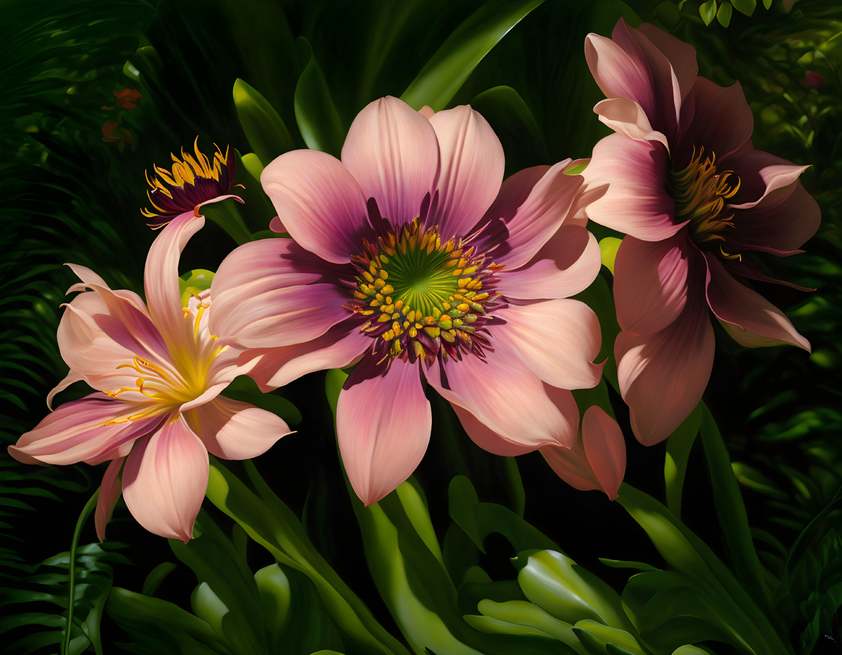 Bright Pink Flowers with Yellow Stamens on Dark Green Foliage