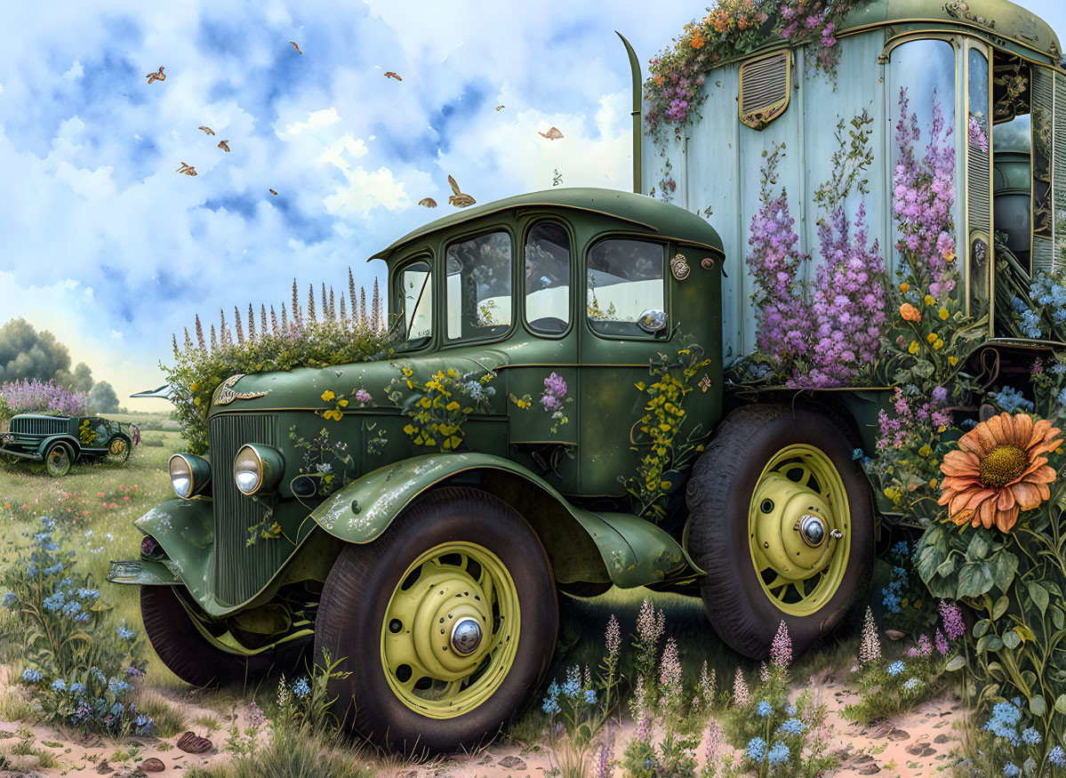 Vintage green truck covered in flowers and vines in sunny field with second vehicle under blue sky.