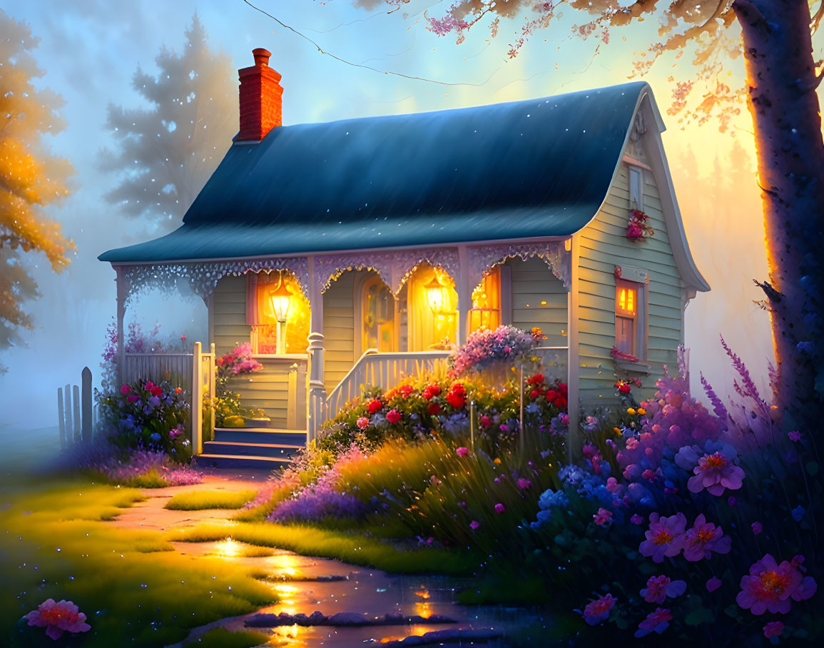 Cozy cottage with glowing lamps in flower-filled twilight