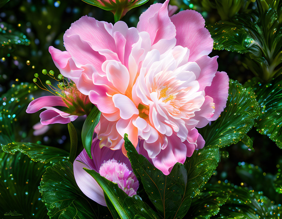 Close-up of Full Bloom Pink Peony Flower with Green Foliage