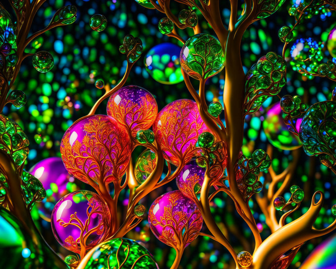 Colorful Digital Artwork of Glowing Trees on Bokeh Background