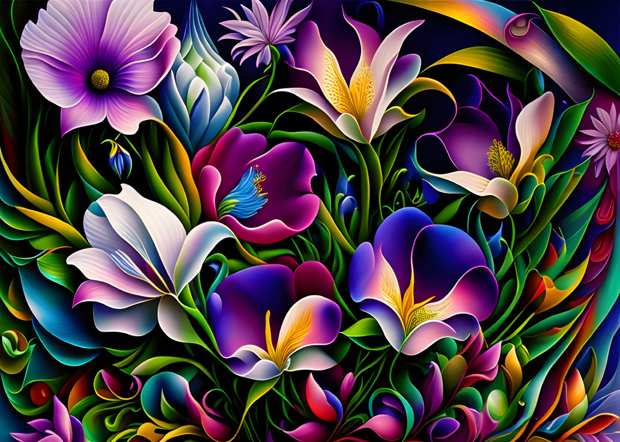 Colorful digital artwork: Stylized flowers in purple, pink, and blue against green backdrop