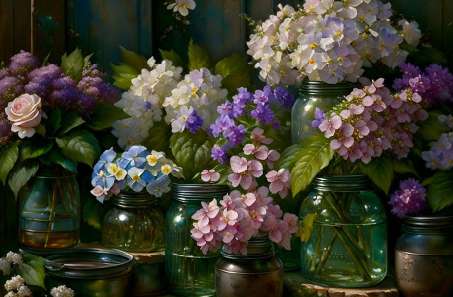 Colorful hydrangea flowers in blue, purple, and pink in glass jars on dark shelf