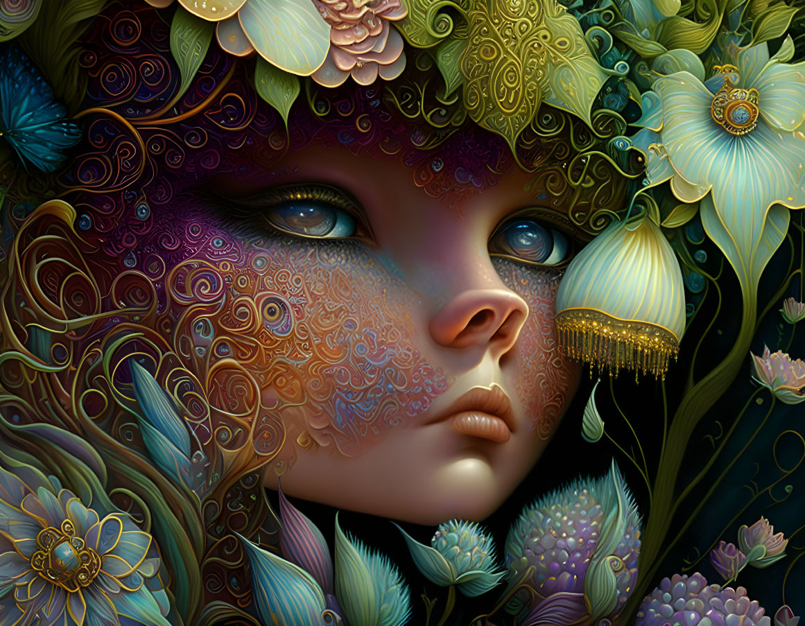 Fantastical portrait of person with blue eyes and intricate patterns, surrounded by lush flowers.