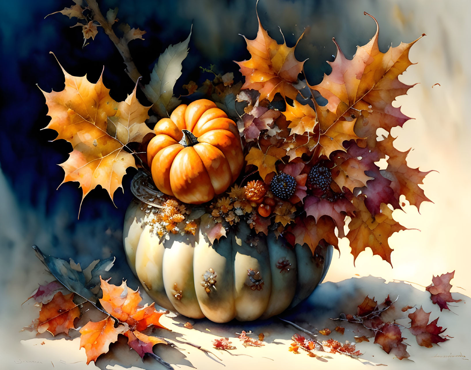 Autumn-themed still life with white pumpkin, orange pumpkins, and fall leaves