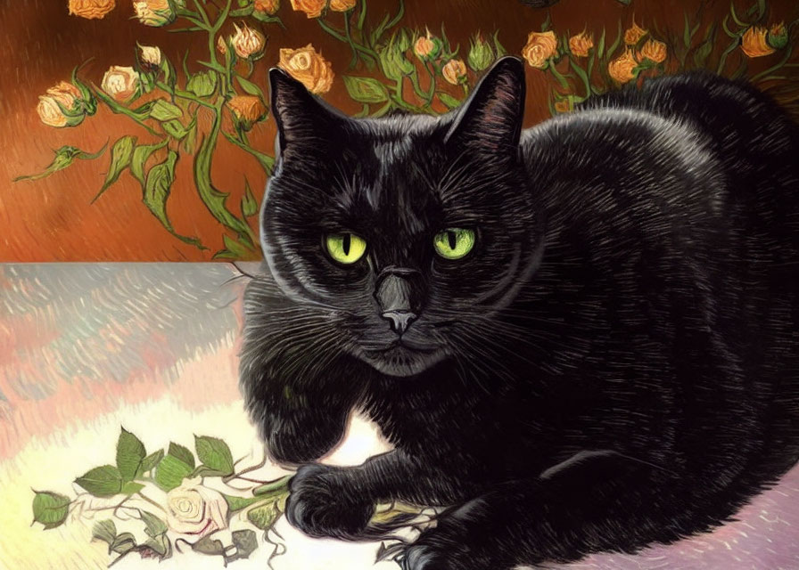 Black Cat with Green Eyes Resting on Floral Surface with Roses