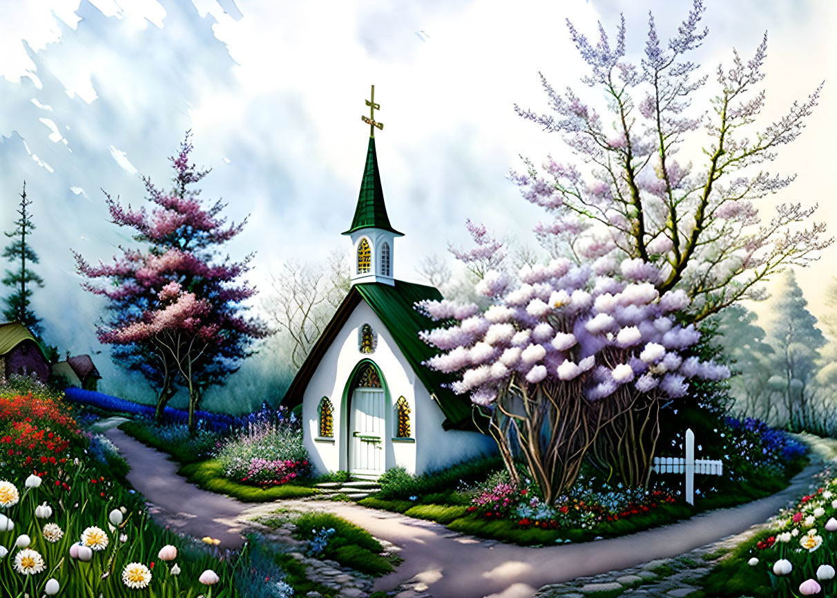 Chapel surrounded by flowering trees and colorful gardens