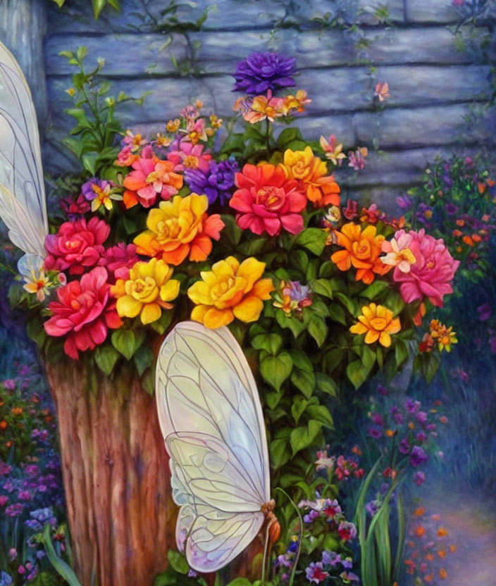 Colorful Flower Bouquet with Butterfly on Tree Stump against Stone Wall