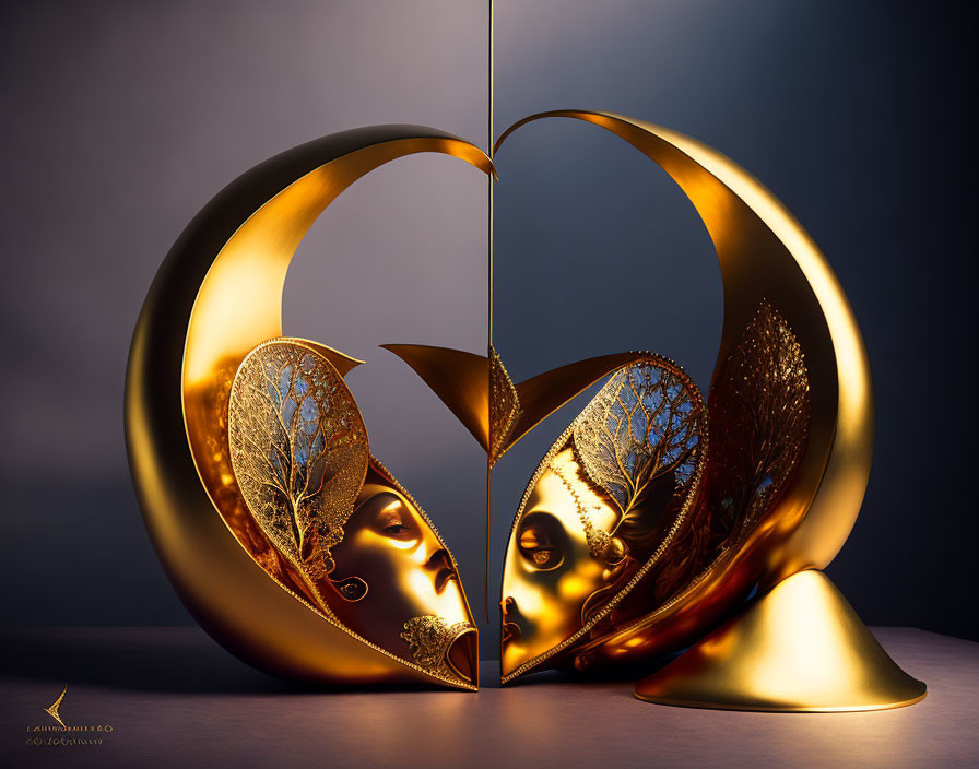 Golden heart-shaped sculpture with mirrored surface and face & leaf patterns